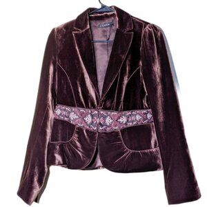 LAUNDRY by SHELLI SEGAL Maroon Velvet Embroidered Blazer Jacket Dark Fairy Boho